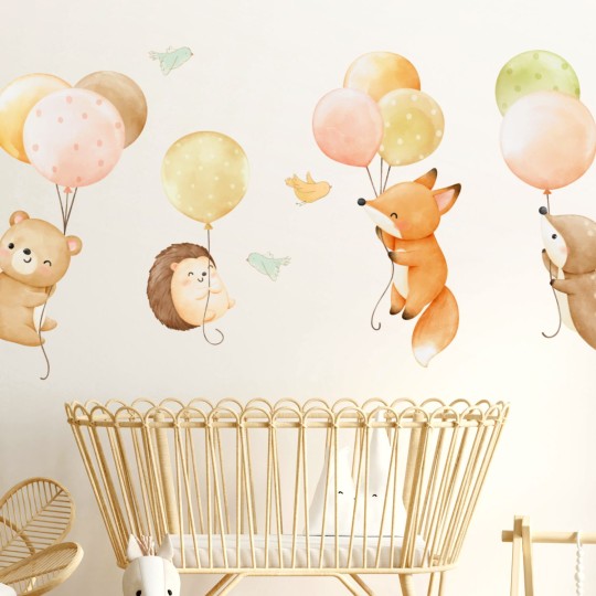 Αυτοκόλλητα τοίχου παιδικά - Ζωάκια με μπαλόνια σε ουδέτερα, ζεστά χρώματα 1278215
