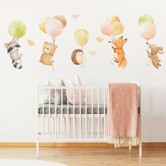 Αυτοκόλλητα τοίχου παιδικά - Ζωάκια με μπαλόνια σε ουδέτερα, ζεστά χρώματα 1278215