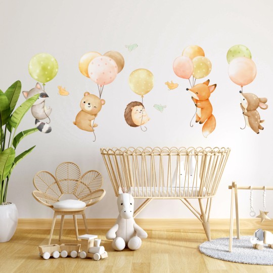 Αυτοκόλλητα τοίχου παιδικά - Ζωάκια με μπαλόνια σε ουδέτερα, ζεστά χρώματα 1278215