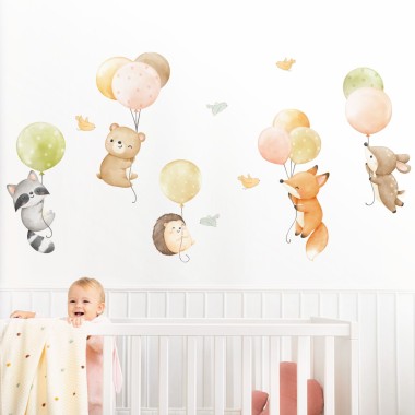 Αυτοκόλλητα τοίχου παιδικά - Ζωάκια με μπαλόνια σε ουδέτερα, ζεστά χρώματα 1278215 2