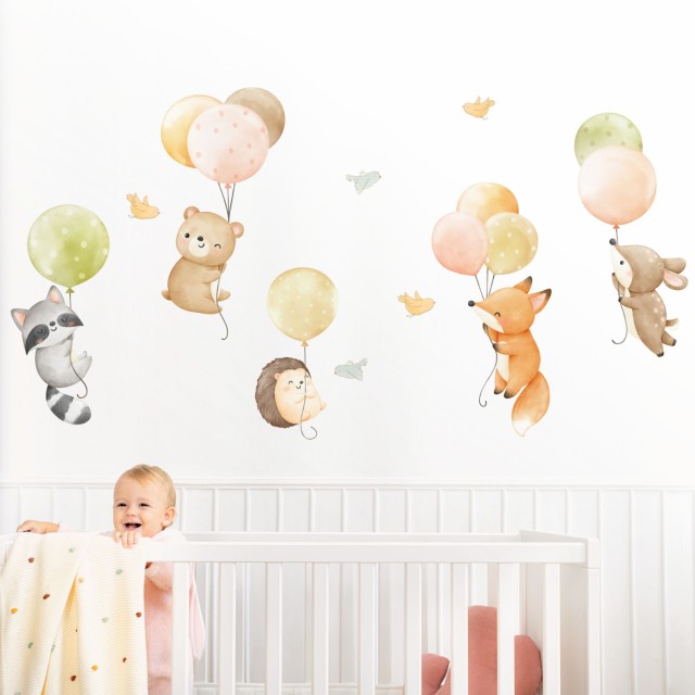 Αυτοκόλλητα τοίχου παιδικά - Ζωάκια με μπαλόνια σε ουδέτερα, ζεστά χρώματα 1278215