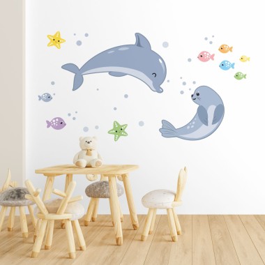 Αυτοκόλλητα τοίχου παιδικά Δελφίνι & φώκια 1279022