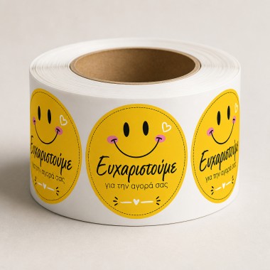 Αυτοκόλλητα στρογγυλά σε ρολό χαμογελαστη φατσούλα "Ευχαριστούμε για την αγορά σας"  (300 ΤΕΜ) BS0046