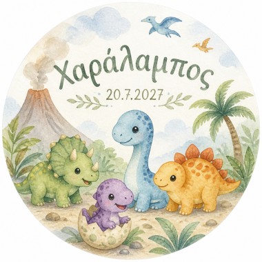 Αυτοκόλλητα στρογγυλά με δεινόσαυρους και όνομα παιδιού & ημερομηνία 51045