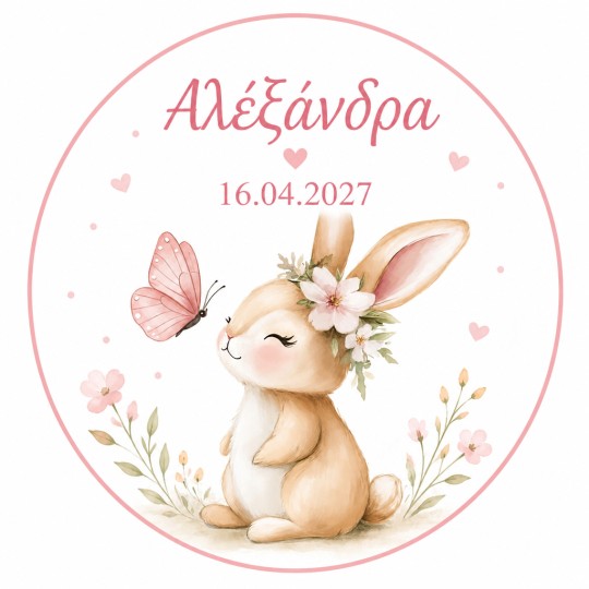 Αυτοκόλλητα στρογγυλά με κουνελάκι, πεταλούδα & όνομα παιδιού 51046
