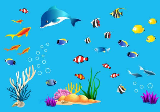 Αυτοκόλλητο τοίχου - Πολύχρωμα ψάρια στον βυθό 127987-0