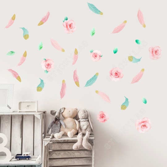 Watercolor Roses and feathers 1279066-1