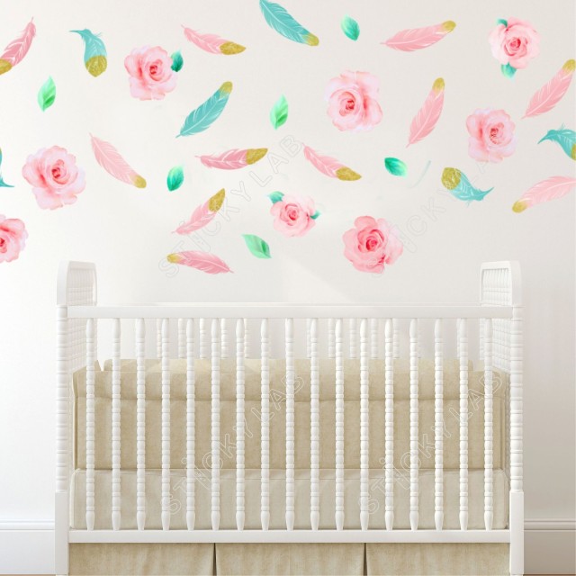 Watercolor Roses and feathers 1279066-2