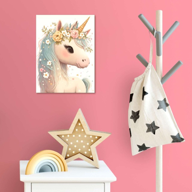 Παιδικός πίνακας σε καμβά Unicorn - Μονόκερος με λουλούδια (30x40 cm) 117014-1