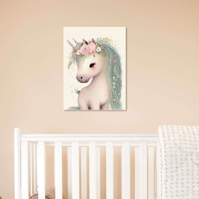 Παιδικός πίνακας σε καμβά Unicorn - Μονόκερος με λουλούδια (30x40 cm) 117015-0