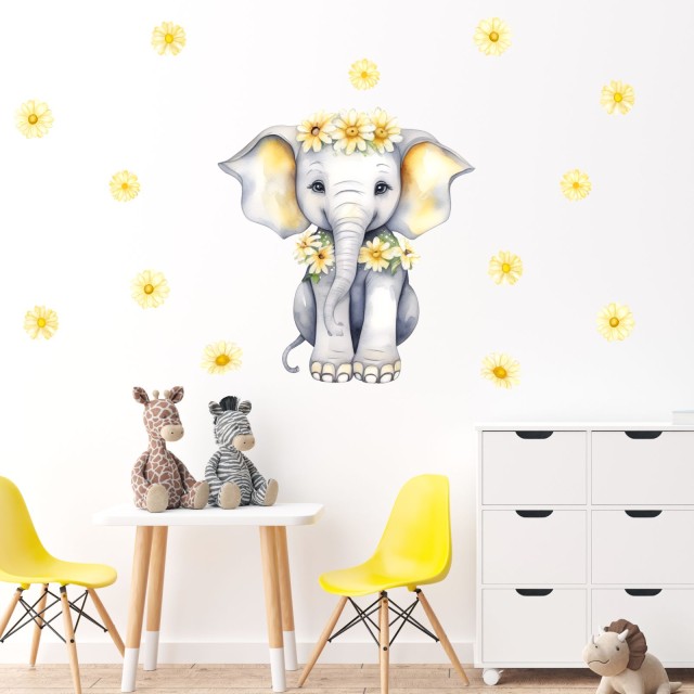 Παιδικά αυτοκόλλητα Watercolor Cute Elephant with Daisies 1278770