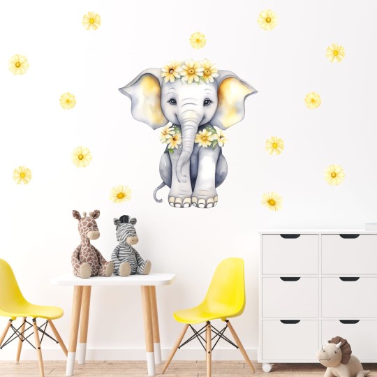 Παιδικά αυτοκόλλητα Watercolor Cute Elephant with Daisies 1278770