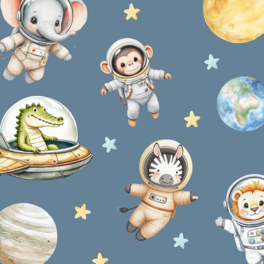 Αυτοκόλλητα τοίχου παιδικά - Ζωάκια σαφάρι αστροναύτες στο διάστημα με πλανήτες