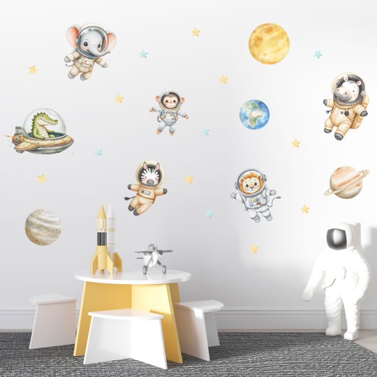 Αυτοκόλλητα τοίχου παιδικά - Ζωάκια σαφάρι αστροναύτες στο διάστημα με πλανήτες