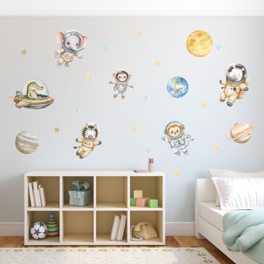 Αυτοκόλλητα τοίχου παιδικά - Ζωάκια σαφάρι αστροναύτες στο διάστημα με πλανήτες