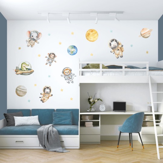 Αυτοκόλλητα τοίχου παιδικά - Ζωάκια σαφάρι αστροναύτες στο διάστημα με πλανήτες