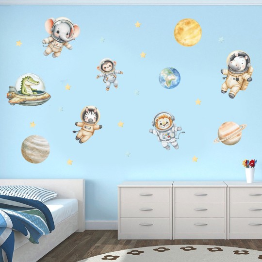 Αυτοκόλλητα τοίχου παιδικά - Ζωάκια σαφάρι αστροναύτες στο διάστημα με πλανήτες