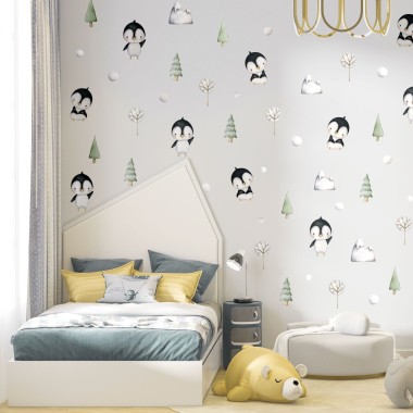 Σετ παιδικά αυτοκολλητα τοιχου -  Χαριτωμένα Πιγκουινάκια με βουνά και δεντράκια 2