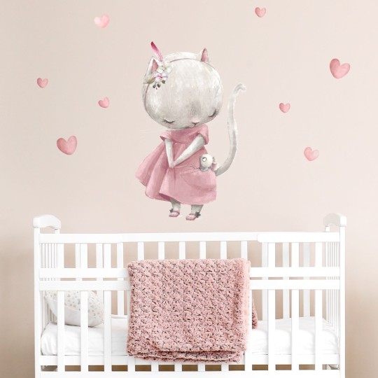Αυτοκολλητα τοίχου παιδικά - Γατούλα με ποντικάκι και καρδούλες  1278835