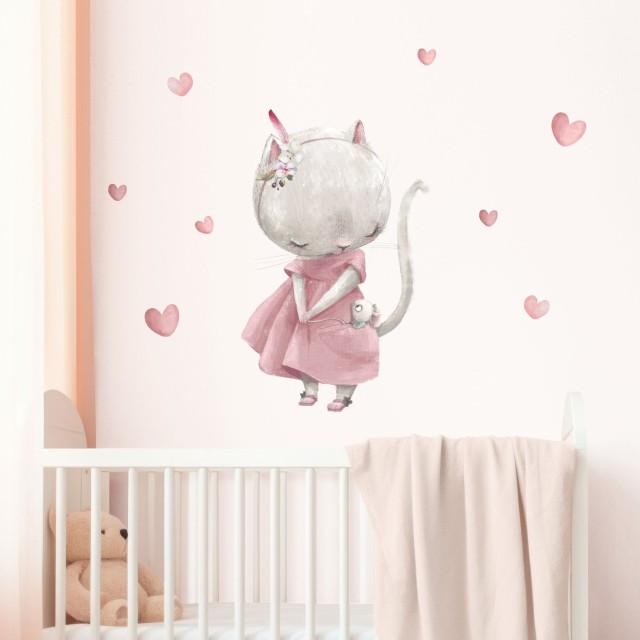 Αυτοκολλητα τοίχου παιδικά - Γατούλα με ποντικάκι και καρδούλες  1278835