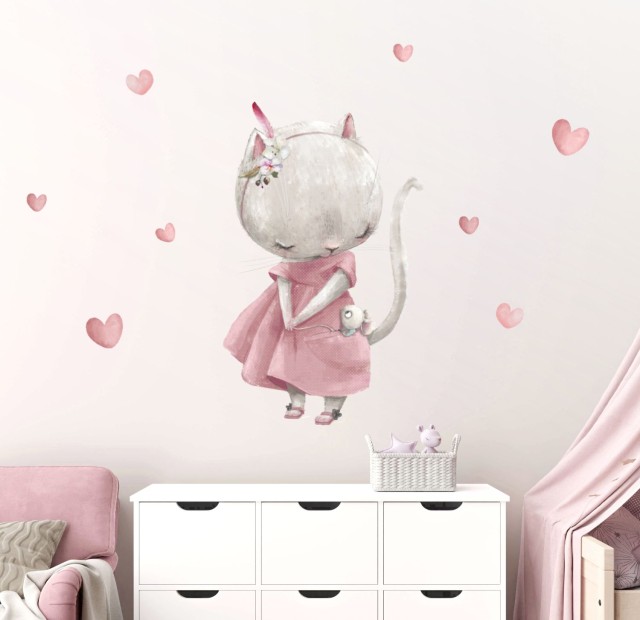 Αυτοκολλητα τοίχου παιδικά - Γατούλα με ποντικάκι και καρδούλες  1278835