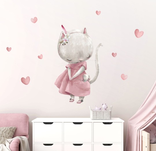 Αυτοκολλητα τοίχου παιδικά - Γατούλα με ποντικάκι και καρδούλες  1278835