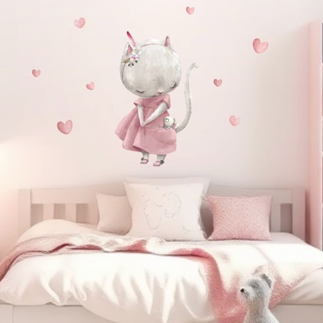 Αυτοκολλητα τοίχου παιδικά - Γατούλα με ποντικάκι και καρδούλες  1278835