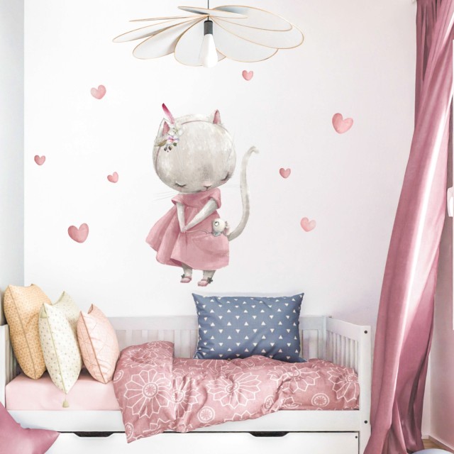 Αυτοκολλητα τοίχου παιδικά - Γατούλα με ποντικάκι και καρδούλες  1278835