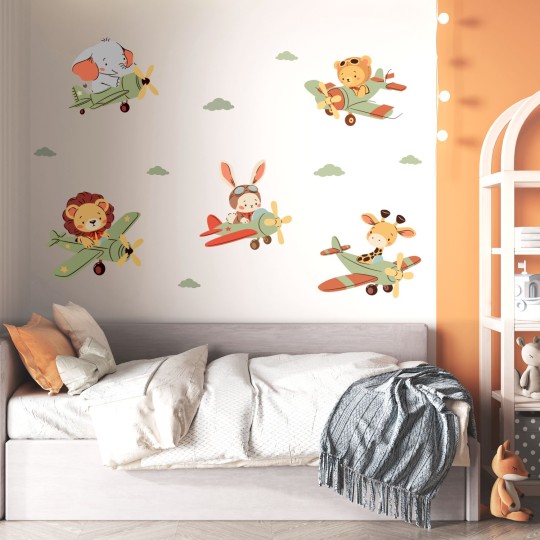 Παιδικά αυτοκόλλητα τοίχου Ζωάκια με αεροπλάνα 1278753