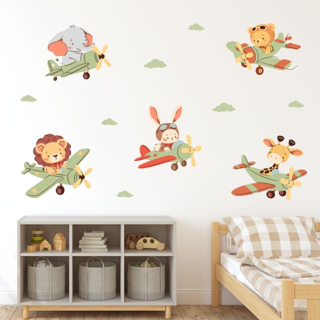 Παιδικά αυτοκόλλητα τοίχου Ζωάκια με αεροπλάνα 1278753