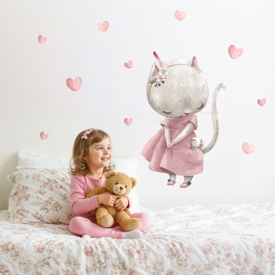Αυτοκολλητα τοίχου παιδικά - Γατούλα με ποντικάκι και καρδούλες  1278835
